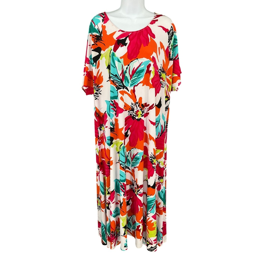 Attitudes by Renee Maxi Dress 3X Floral Tropical Print Short Sleeve Liquid Knit‎